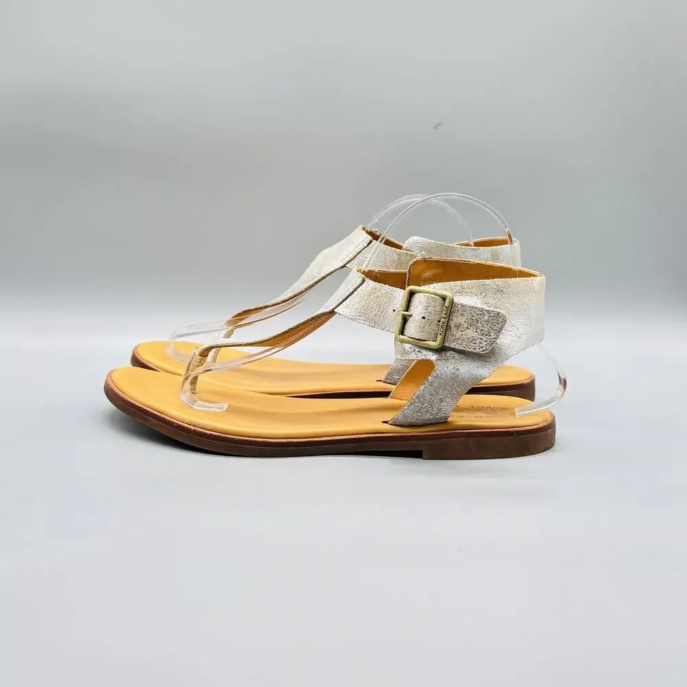 Kork Ease Sandals Womens 10 Silver Leather Thong Strappy Buckle Flat Shoes